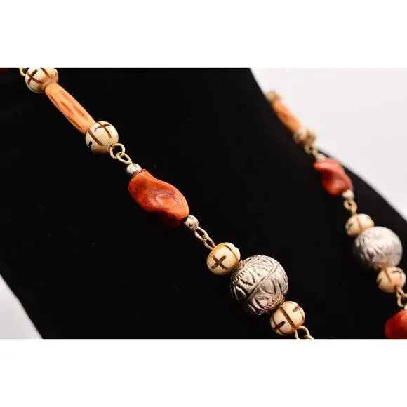 Vintage Carved Laminated Wood Statement Necklace Whimsical Made in India Bin3A